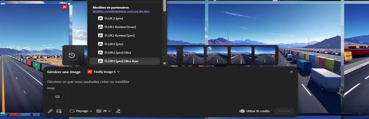 La barre Modifier le texte dans l’image affiche le menu de sélection du modèle ouvert, montrant Adobe Firefly Image 5 (aperçu) et FLUX.1 Kontext [Pro].