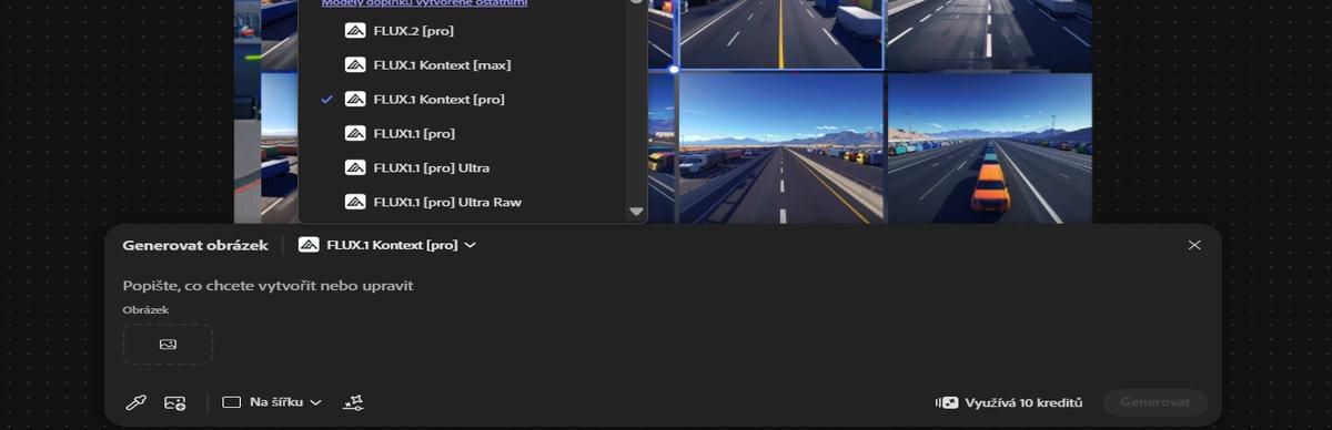 Panel Upravit text v obrázku má otevřenou nabídku výběru modelu a zobrazuje Adobe Firefly Image 5 (náhled) a FLUX.1 Kontext [Pro].