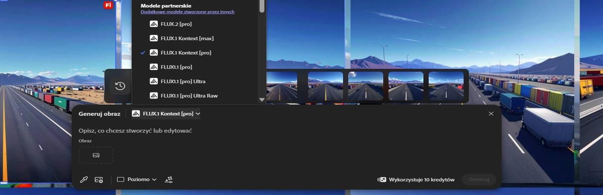 Pasek Edytuj tekst w obrazie ma otwarte menu wyboru modelu i pokazuje Adobe Firefly Image 5 (podgląd) oraz FLUX.1 Kontext [Pro].
