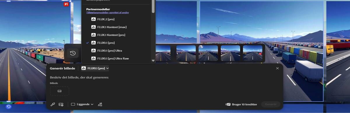 Rediger tekst i billede-bjælken har modelvalgsmenuen åben og viser Adobe Firefly Image 5 (forhåndsvisning) og FLUX.1 Kontext [Pro].