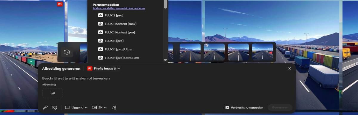 Op de balk Tekst bewerken in afbeelding is het modelselectiemenu geopend en zijn Adobe Firefly Image 5 (voorvertoning) en FLUX.1 Kontext [Pro] te zien.