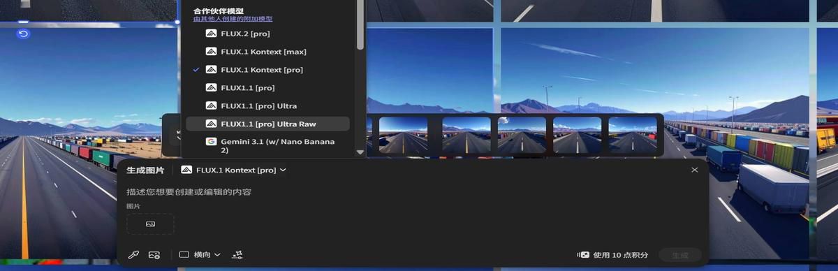 编辑图像中的文本栏已打开模型选择菜单，显示 Adobe Firefly Image 5（预览版）和 FLUX.1 Kontext [Pro]。