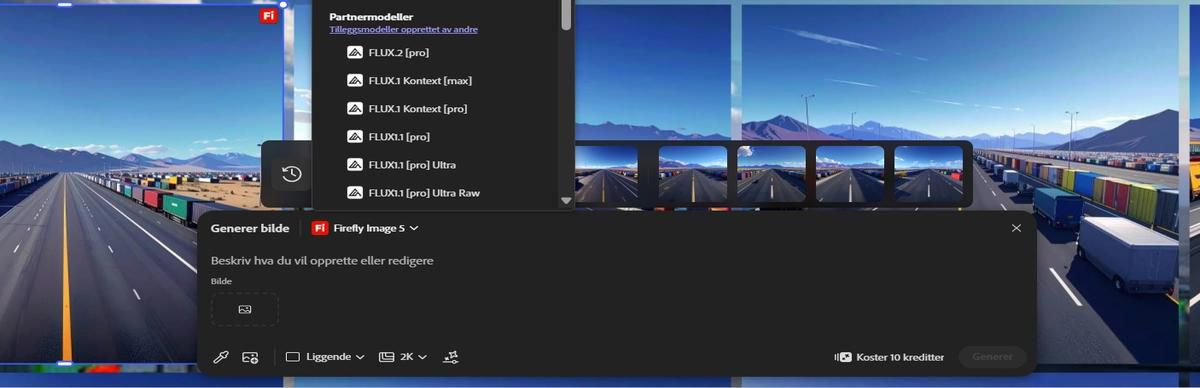 Redigeringslinjen for tekst i bilde har modellvalgmenyen åpen og viser Adobe Firefly Image 5 (forhåndsvisning) og FLUX.1 Kontext [Pro].