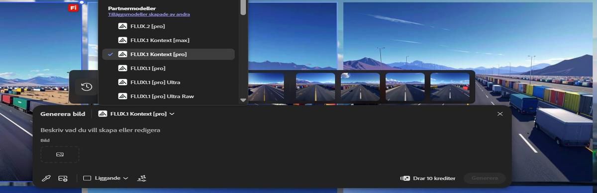 Fältet Redigera text i bild har modellvalsmenyn öppen och visar Adobe Firefly Image 5 (förhandsgranskning) och FLUX.1 Kontext [Pro].