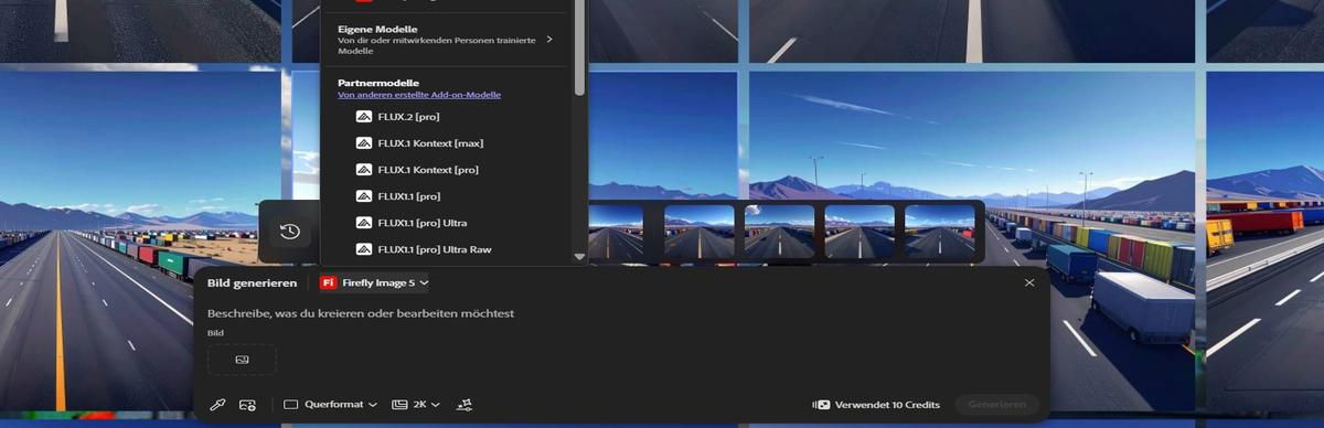 In der Leiste „Text in Bild bearbeiten“ ist das Modellauswahlmenü geöffnet und zeigt Adobe Firefly Image 5 (Vorschau) und FLUX.1 Kontext [Pro].