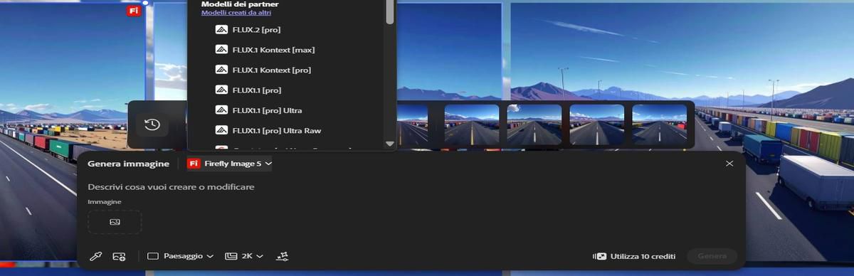 La barra Modifica testo nell'immagine ha il menu di selezione del modello aperto e mostra Adobe Firefly Image 5 (anteprima) e FLUX.1 Kontext [Pro].