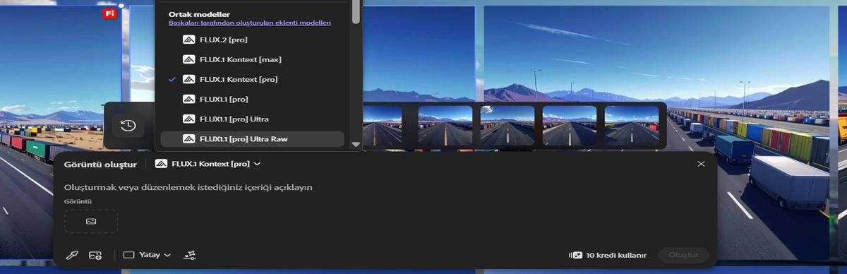 Görüntü çubuğundaki Metni düzenle seçeneği, model seçim menüsünü açar ve Adobe Firefly Image 5 (önizleme) ve FLUX.1 Kontext [Pro] öğelerini gösterir.