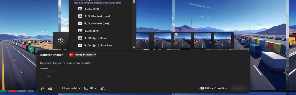 La barra Editar texto en imagen tiene abierto el menú de selección de modelo y muestra Adobe Firefly Image 5 (vista previa) y FLUX.1 Kontext [Pro].
