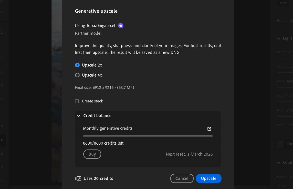 Lightroom の生成アップスケールダイアログボックス。