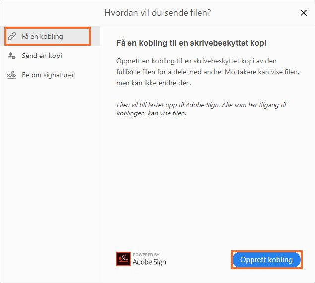 Opprette kobling til filen for å dele med andre