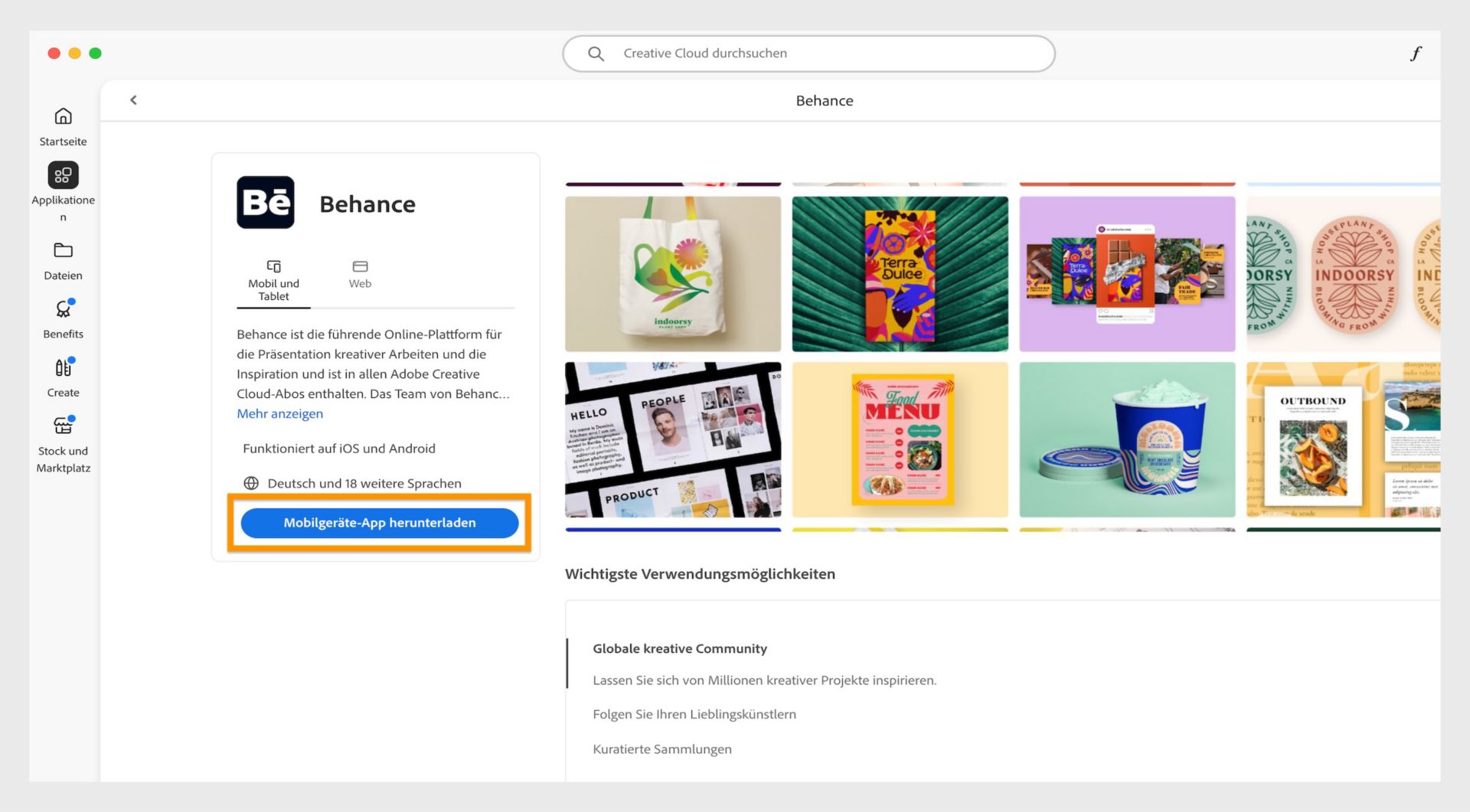 Über die Schaltfläche „Mobile App herunterladen“ auf dem Bildschirm „Behance Mobile“ erhältst du einen Download-Link für Behance auf deinem Mobilgerät. 