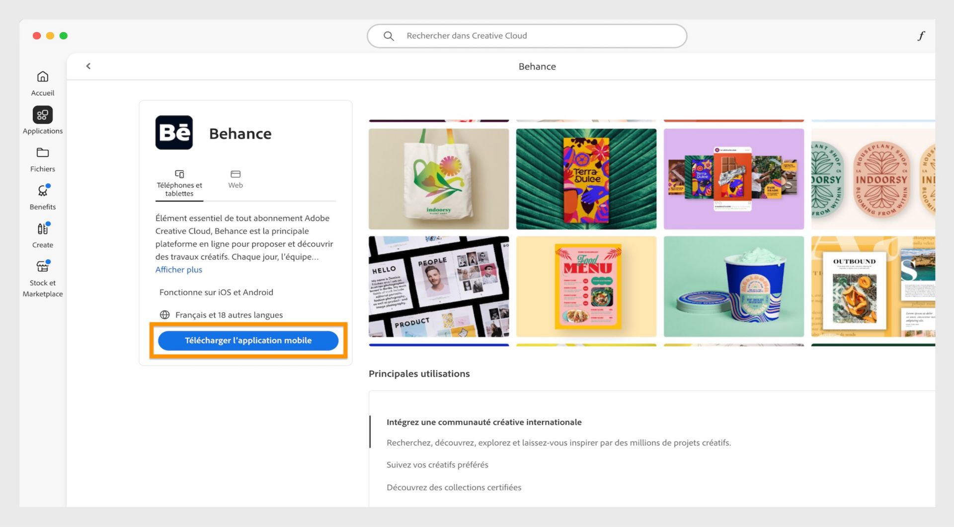 Le bouton Obtenir l’app mobile, disponible sur l’écran mobile de Behance, vous permet d’obtenir un lien de téléchargement pour Behance sur votre appareil mobile. 