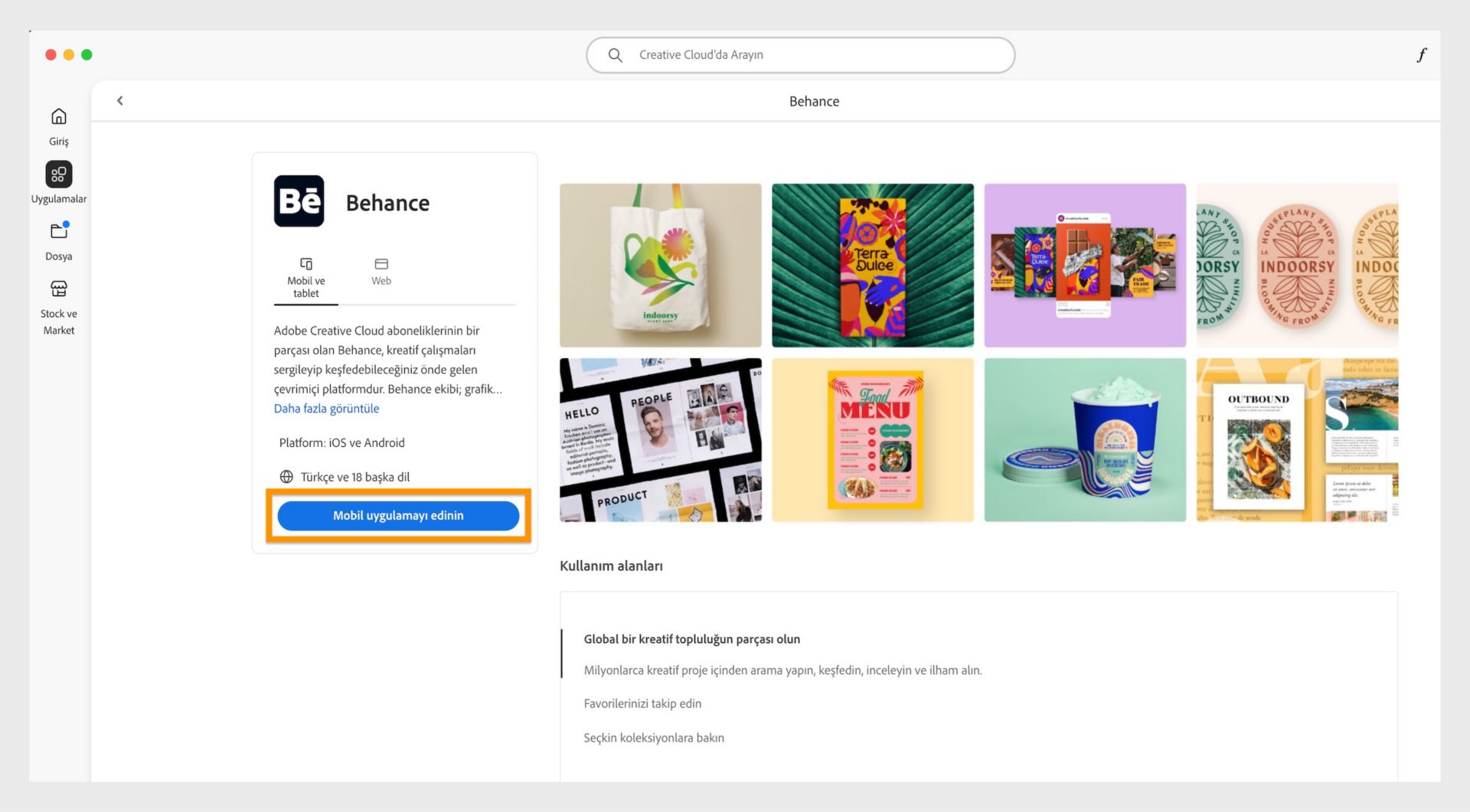Behance mobile ekranında bulunan Mobil uygulamayı indir düğmesi, mobil cihazınızda Behance için bir indirme bağlantısı almanızı sağlar. 