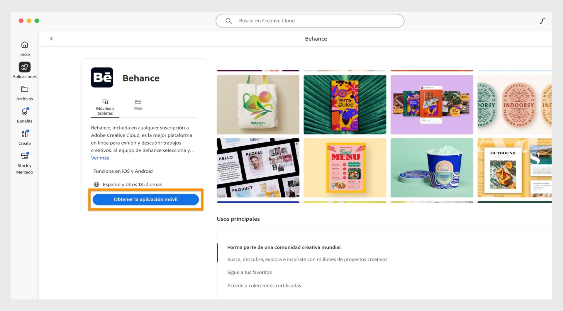 El botón get de aplicación mobile, disponible en la pantalla mobile de Behance, te permite obtener un enlace de descarga para Behance en tu dispositivo móvil. 