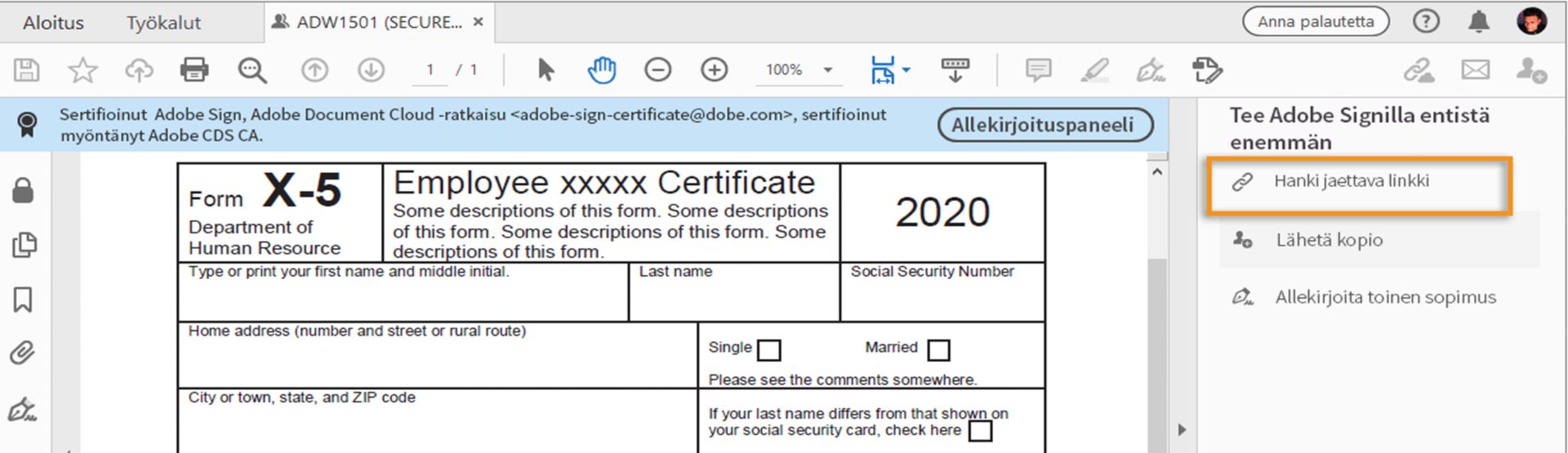 Hanki jaettava linkki napsauttamalla tätä