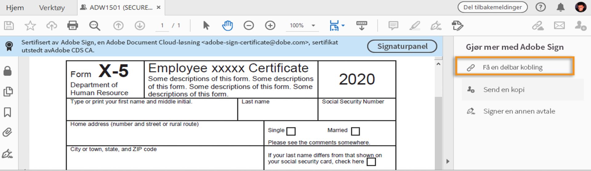 Klikk på Få en delbar kobling