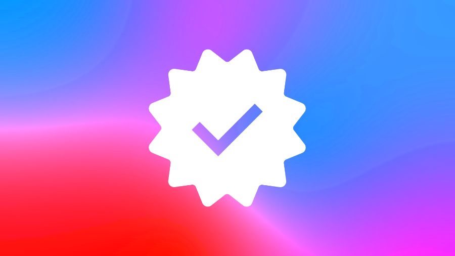 A social media verified blue checkmark on a colorful background