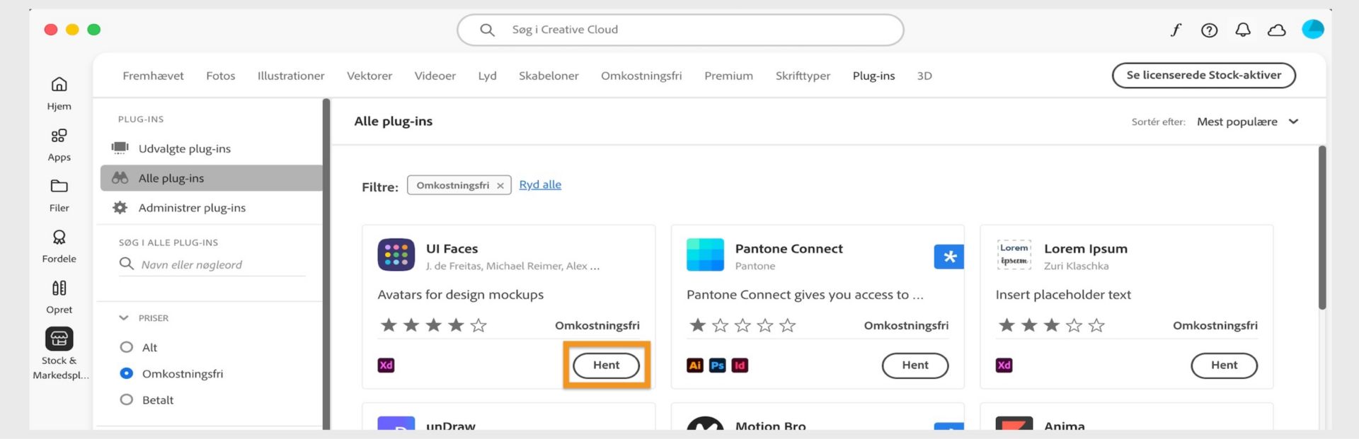 Vinduet Plug-ins viser alle de plug-ins, der matcher dit søgeresultat. Vælg Hent, Køb eller Få mere at vide for at installere plug-ins. 