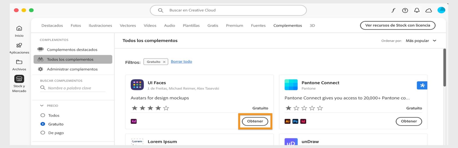 La ventana de complementos muestra todos los complementos que coinciden con el resultado de la búsqueda. Seleccione Obtener, Comprar o Más información para instalar los complementos. 