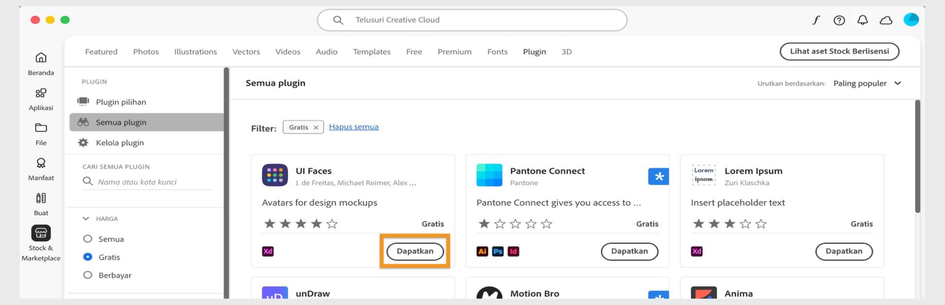 Jendela plugin menampilkan semua plugin yang cocok dengan hasil pencarian Anda. Pilih Dapatkan, Beli, atau Pelajari lebih lanjut untuk menginstal plugin. 