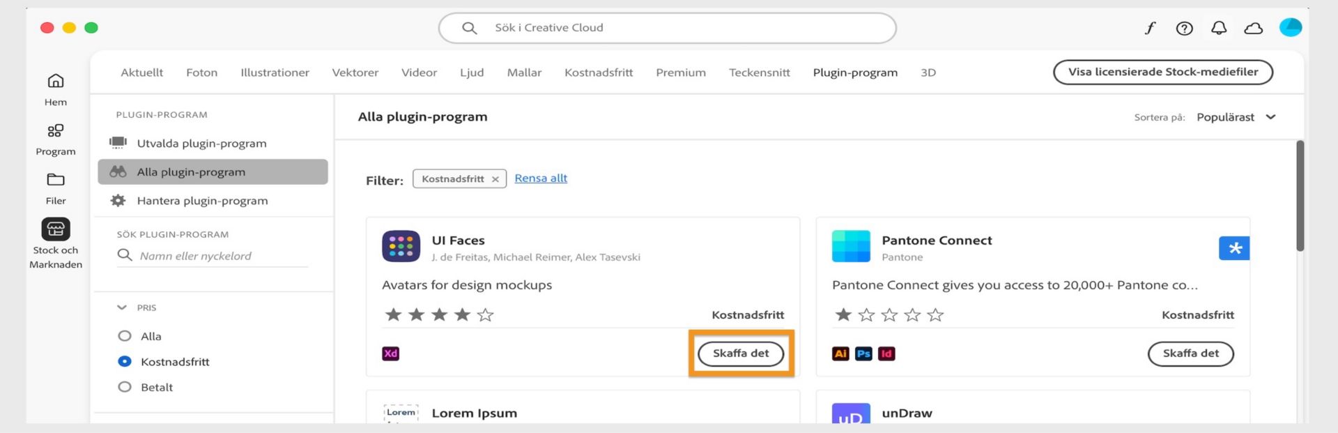 Plugin-programfönstret visar alla plugin-program som matchar sökresultatet. Välj Hämta, Köp eller Lär dig mer för att installera plugin-program. 