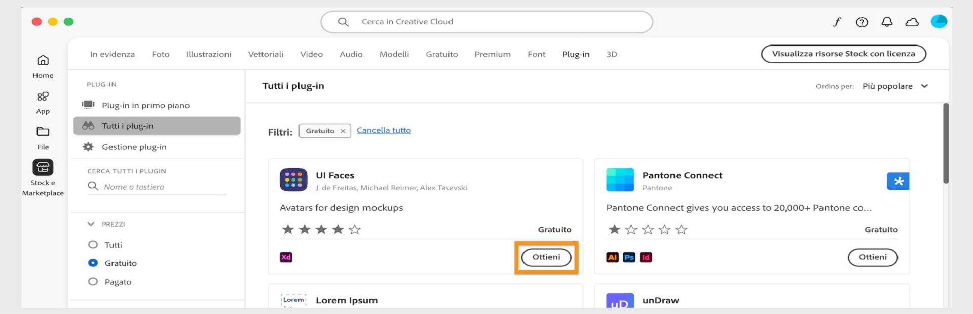 La finestra Plug-in visualizza tutti i plug-in corrispondenti al risultato della ricerca. Seleziona Ottieni, Acquista o Continua a leggere per installare i plug-in. 
