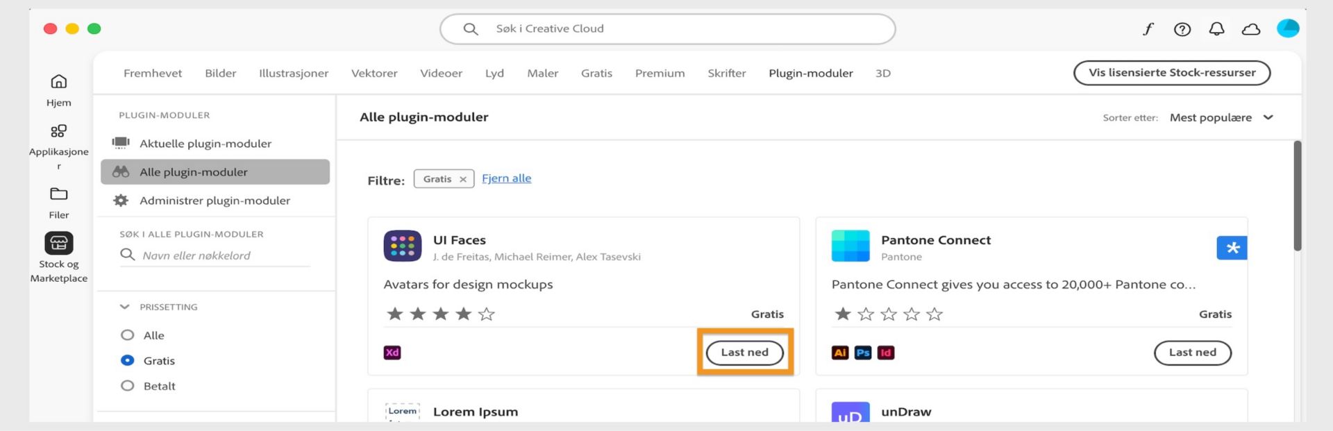 Vinduet "Plugin-moduler" viser alle plugin-modulene som innfrir søkekriteriene dine. Velg Hent, Kjøp eller Finn ut mer for å installere plugin-moduler. 