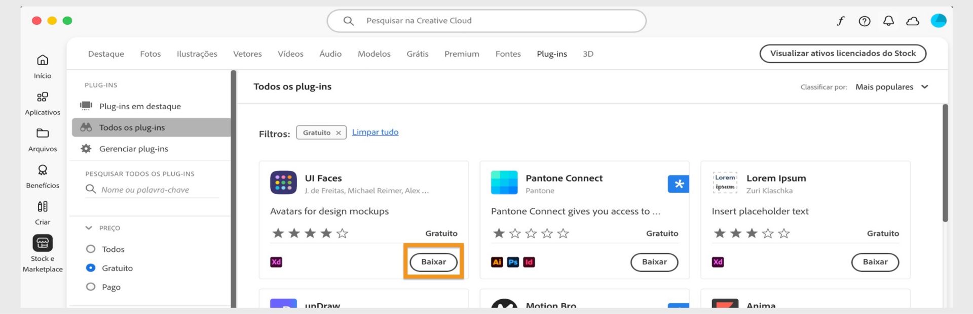 A janela Plug-ins exibe todos os plug-ins que combinam com o resultado da pesquisa. Selecione Obter, Comprar ou Saber mais para instalar plug-ins. 