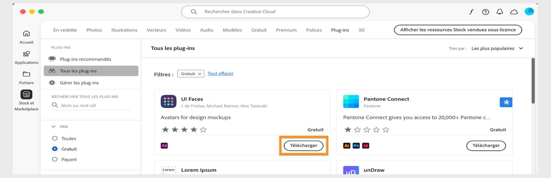 La fenêtre Plugins affiche tous les plugins qui correspondent à votre résultat de recherche. Sélectionnez Télécharger, Acheter ou En savoir plus pour installer les plugins. 