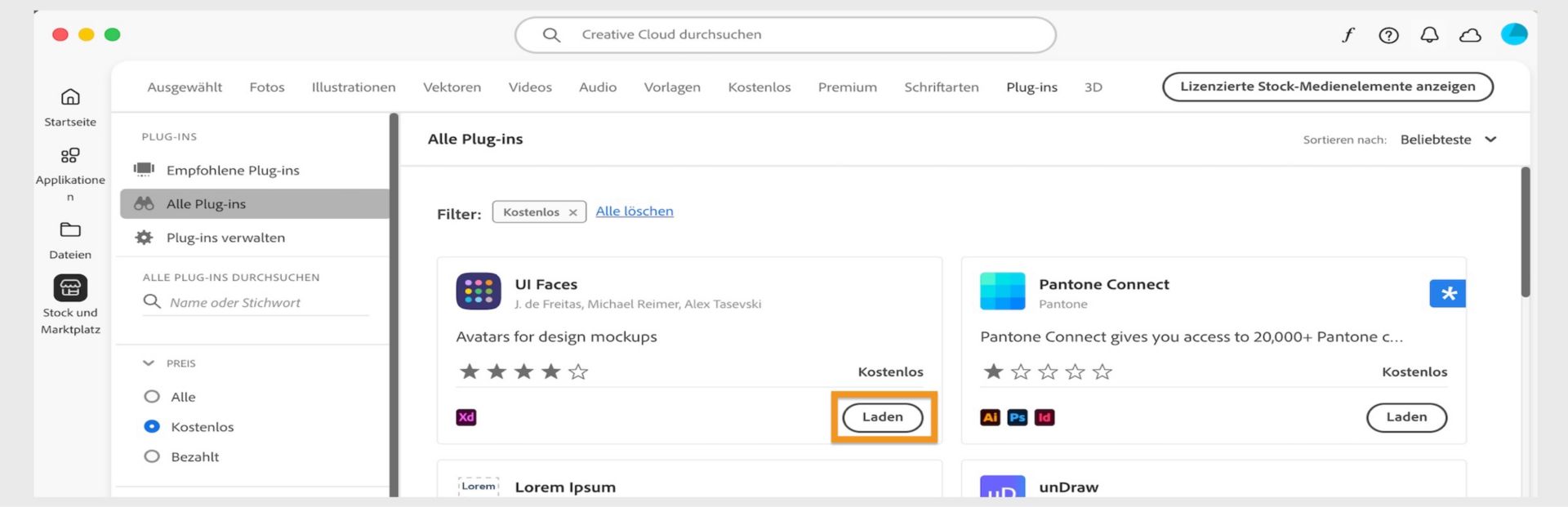 Im Fenster „Plug-ins“ werden alle Plug-ins angezeigt, die zu deinem Suchergebnis passen. Wähle „Abrufen“, „Kaufen“ oder „Weitere Infos“ aus, um Plug-ins zu installieren. 