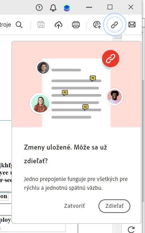 Po vytvorení súboru pdf zo schránky, webovej stránky alebo z čistej strany zdieľajte prepojenie výzvy súboru. 