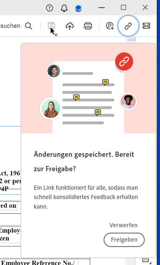 Aufforderung zur Freigabe des Links zu einer Datei nach dem Erstellen einer PDF-Datei aus einer Zwischenablage, von einer Webseite oder einer leeren Seite 