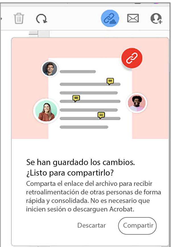 Indicación para compartir el vínculo después de crear un archivo PDF a partir del portapapeles, una página web o una página en blanco 