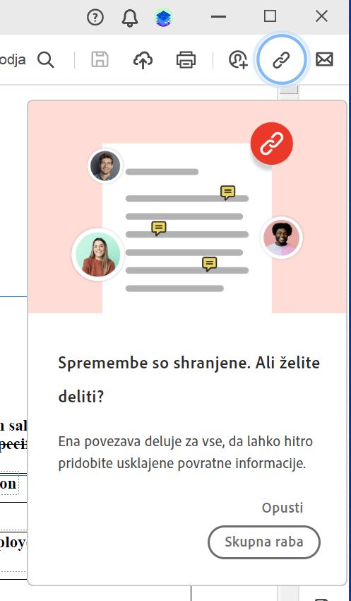 Poziv za skupno rabo povezave do datoteke po ustvarjanju PDF-ja iz odložišča, spletne strani ali prazne strani 
