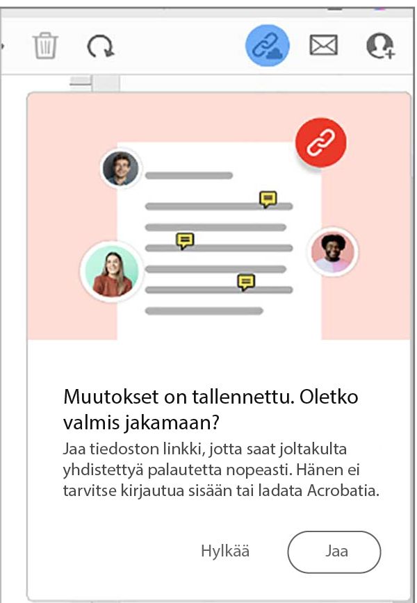 Jaa tiedosto -linkkikehote, kun olet luonut PDF-tiedoston leikepöydältä, verkkosivulta tai tyhjältä sivulta 