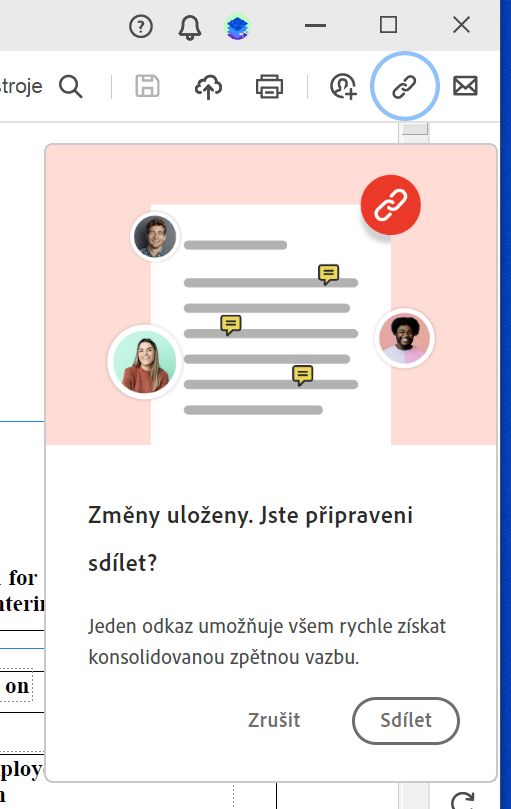 Výzva ke sdílení odkazu na soubor po vytvoření souboru PDF ze schránky, webové stránky nebo prázdné stránky 