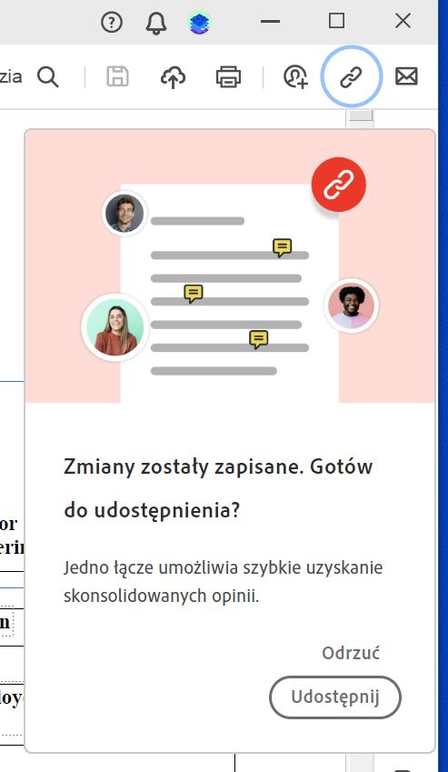 Monit o udostępnienie łącza do pliku po utworzeniu pliku PDF z poziomu schowka, strony internetowej lub pustej strony 