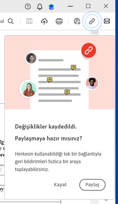 Pano veya Web Sayfasından ya da Boş Sayfadan pdf oluşturduktan sonra dosya bağlantısını paylaşma istemi 