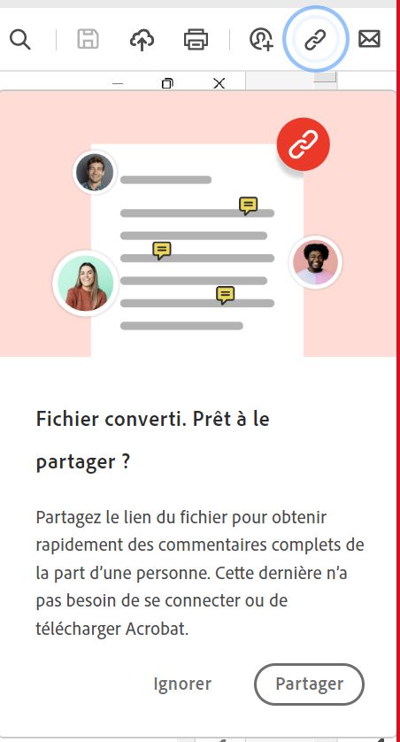 Invite de partage de fichiers par le biais d’un lien après conversion au format PDF