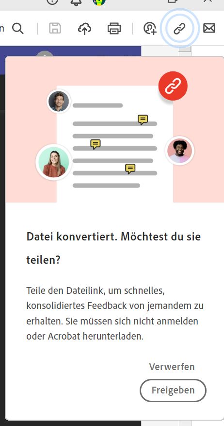 Aufforderung zur Freigabe des Links zu einer Datei nach dem Konvertieren in eine PDF-Datei