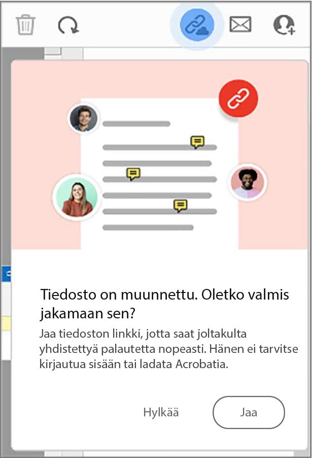 Jaa tiedosto -linkkikehote PDF-tiedostoksi muuntamisen jälkeen