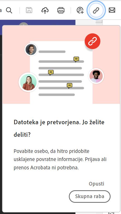 Poziv za skupno rabo povezave do datoteke po pretvorbi v PDF