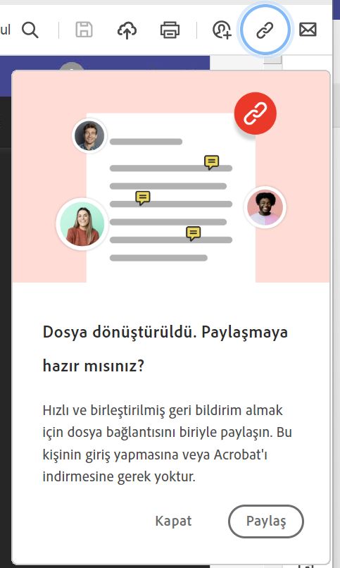 PDF'ye dönüştürdükten sonra dosya bağlantısını paylaşma istemi
