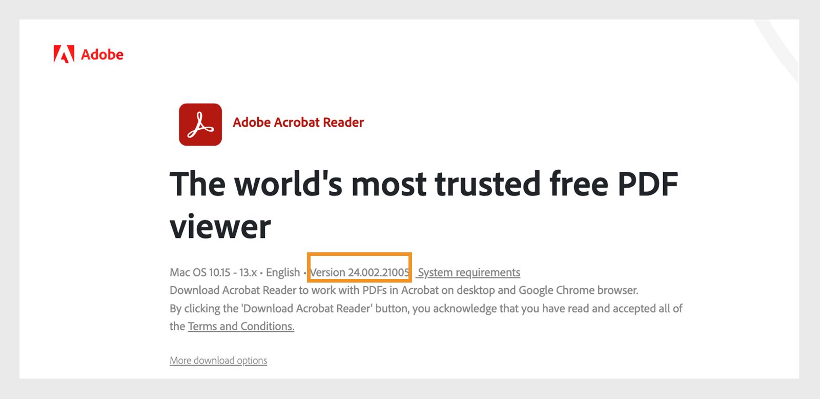 Acrobat-versionen visas på hämtningssidan