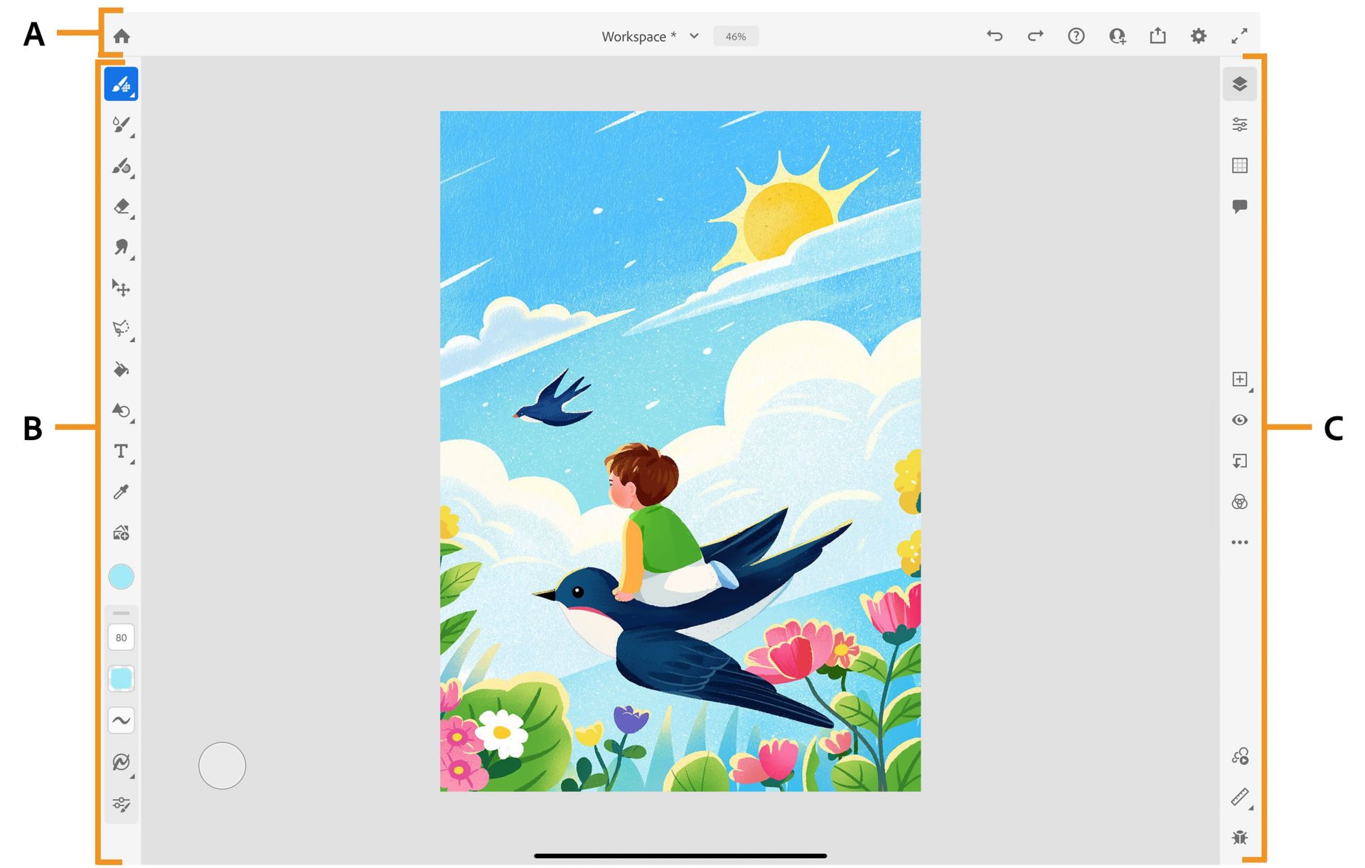 iPad 上的 Adobe Fresco 工作區 
