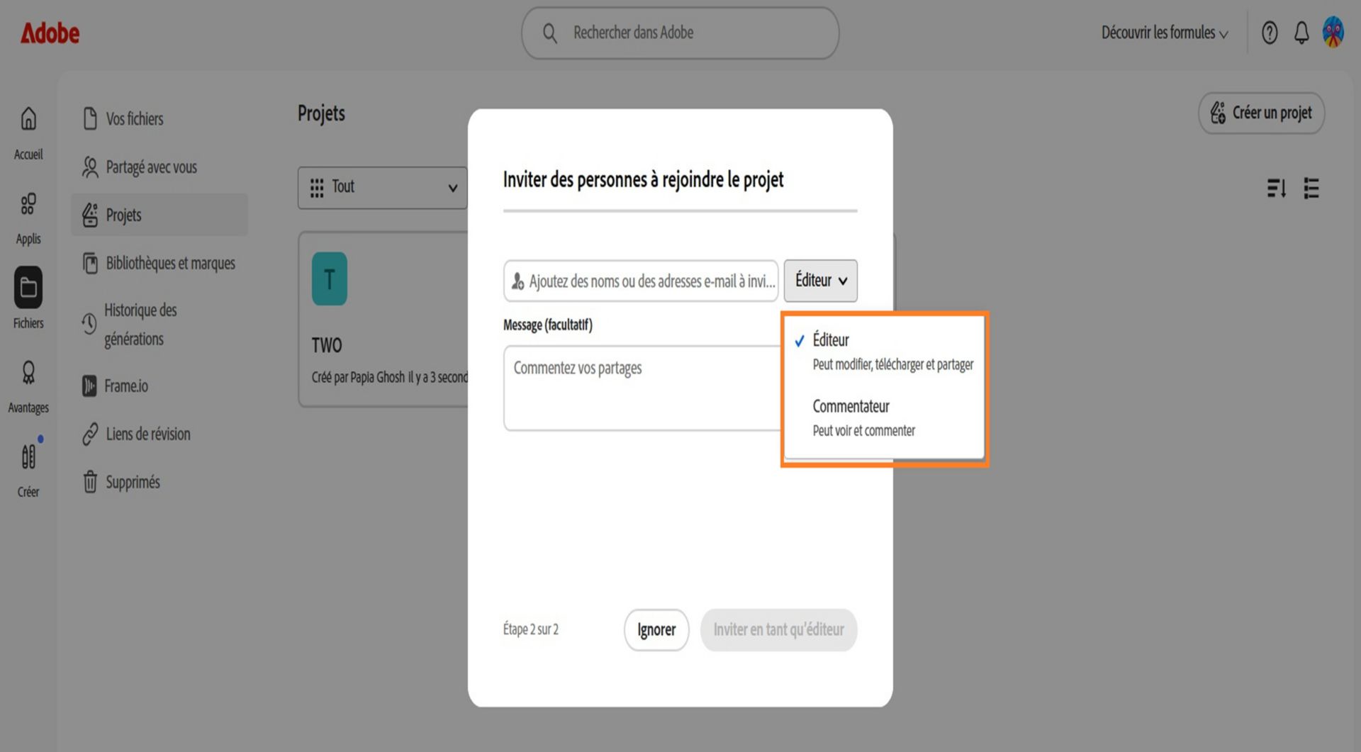 Le menu déroulant mis en surbrillance dans la boîte de dialogue vous permet d’accorder des autorisations de modification ou de commentaire à vos collaborateurs. 