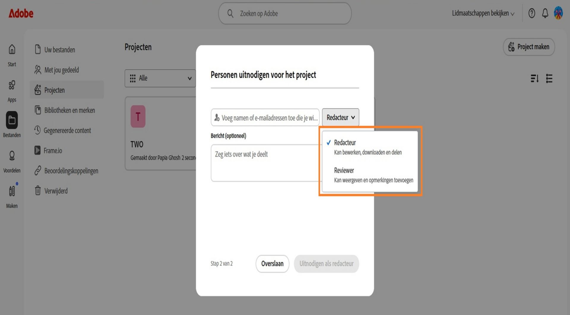 Het gemarkeerde vervolgkeuzemenu in het dialoogvenster stelt je in staat om bewerken- of opmerking-toestemmingen te geven aan je collaboratie-gebruikers. 