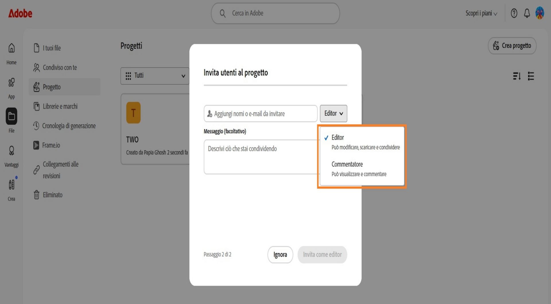 Il menu a discesa evidenziato nella finestra di dialogo ti consente di concedere autorizzazioni di modifica o commento ai collaboratori. 