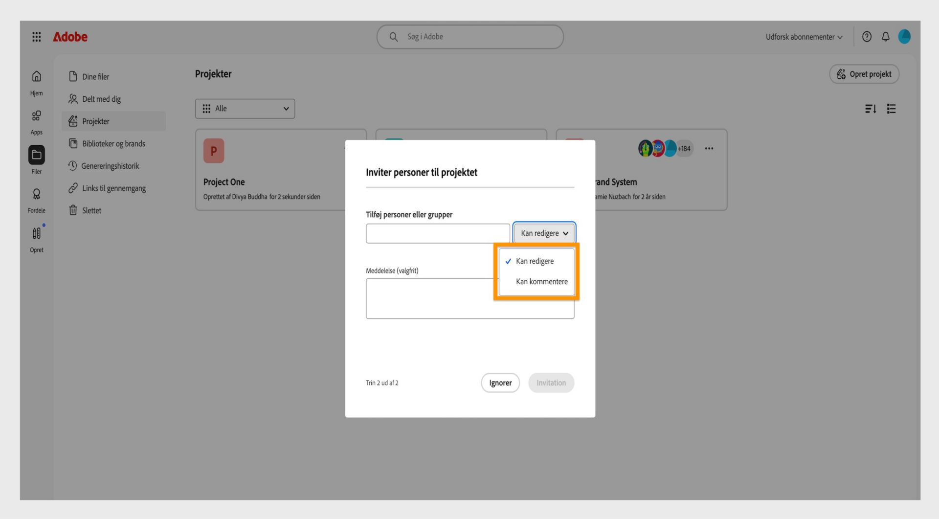 Den fremhævede rullemenu i dialogboksen giver dig mulighed for at give redigerings- eller kommentartilladelser til dine samarbejdspartnere. 