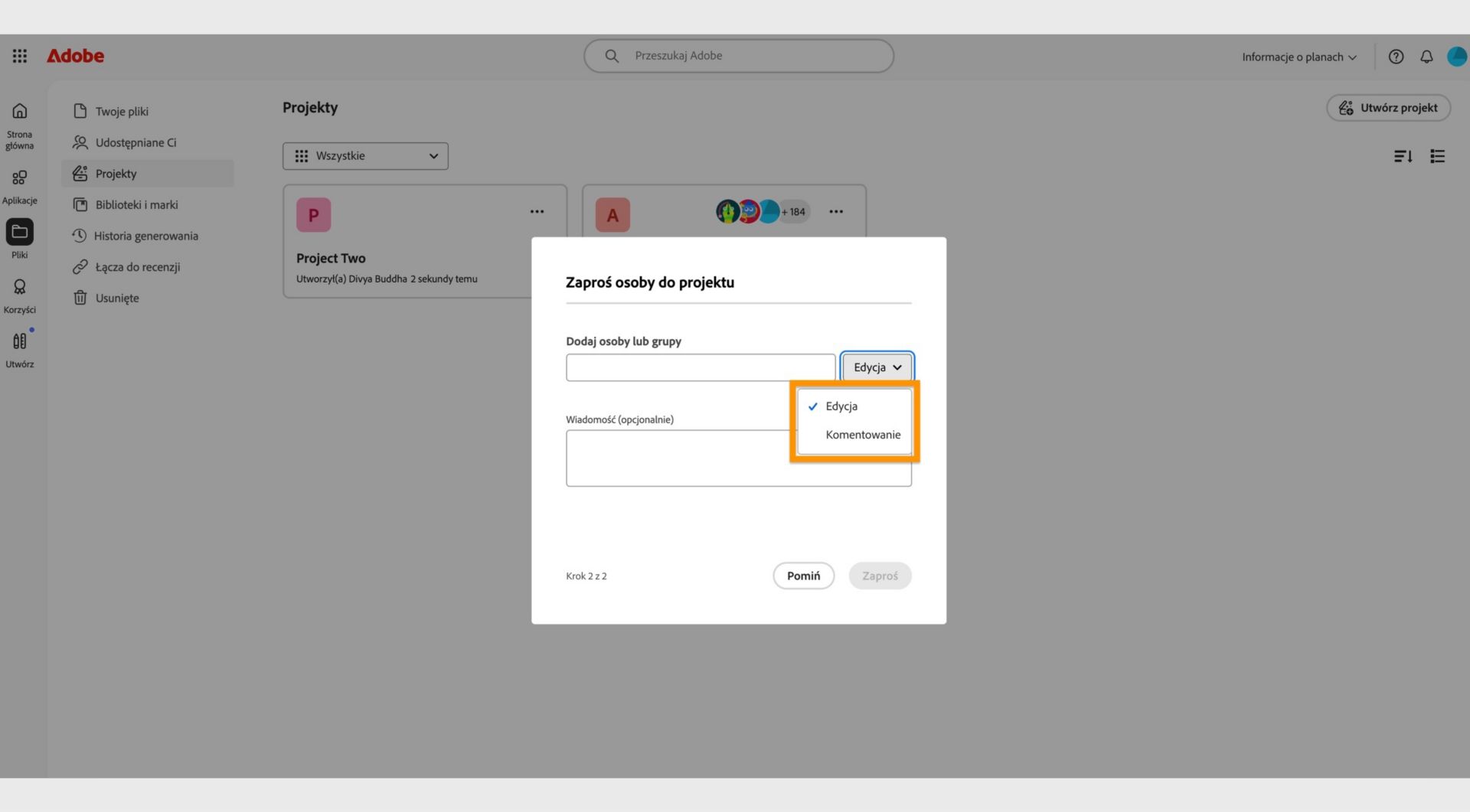 Wyróżnione menu rozwijane w oknie dialogowym umożliwia nadanie współpracownikom uprawnień do edycji lub dodawania komentarzy. 